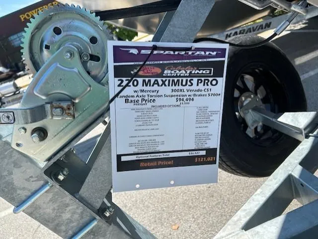 Slide: The Image of Spartan 220 Maximus Pro 2025 boat trailer price tag with specifications and pricing details. - 10