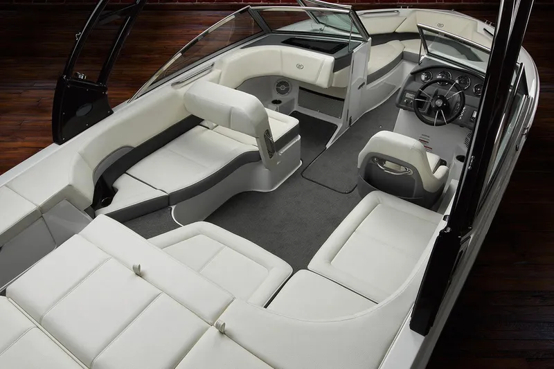 Slide: The Image of Manufacturer Provided Image: 2019 Cobalt 220S boat interior with white seating and modern dashboard. - 3