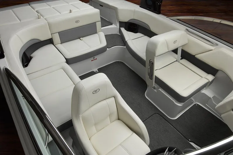 Slide: The Image of Manufacturer Provided Image: 2019 Cobalt 220S boat interior with white and gray seating. - 5
