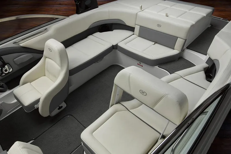 Slide: The Image of Manufacturer Provided Image: 2019 Cobalt 220S boat interior with white leather seating and modern design. - 6