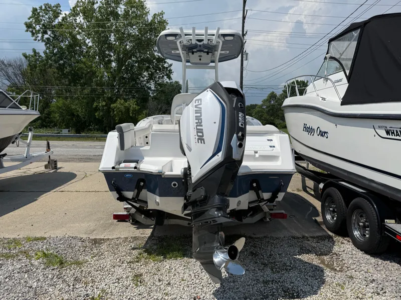 Slide: The Image of 2018 Tidewater 232 LXF boat with Evinrude engine, parked on a trailer. - 3