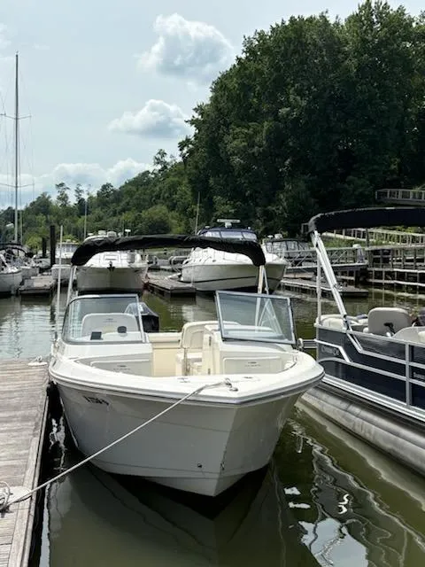 Slide: The Image of 2023 Cobia 220 Dual Console boat docked at a marina with surrounding trees. - 9