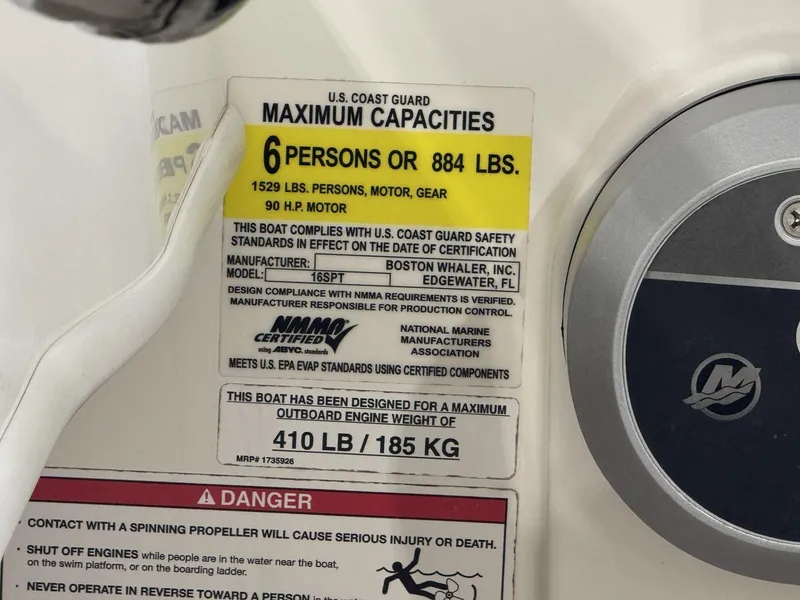 Slide: The Image of 2023 Boston Whaler 160 Super Sport capacity label, 6 persons or 884 lbs, 90 HP motor. - 14