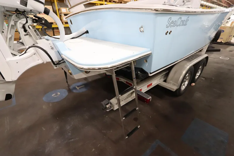 Slide: The Image of 2024 SeaCraft 23CC boat on trailer, featuring a swim platform and ladder. - 17