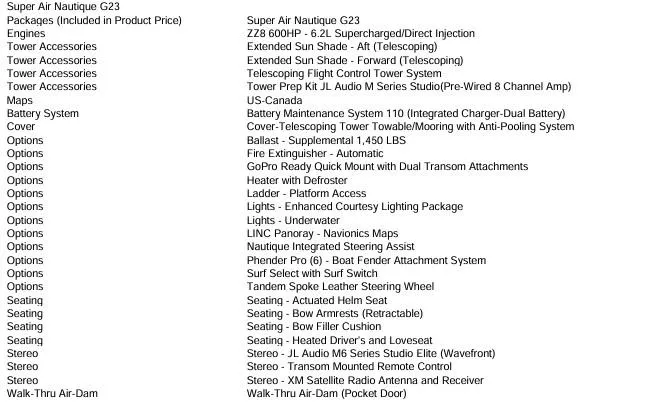 Slide: The Image of 2022 Nautique Super Air G23 features and accessories list, including engine and seating options. - 14