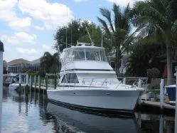 The Image of A 2001 Riviera 43 Open Flybridge docked in a calm setting, surrounded by palm trees. - 0