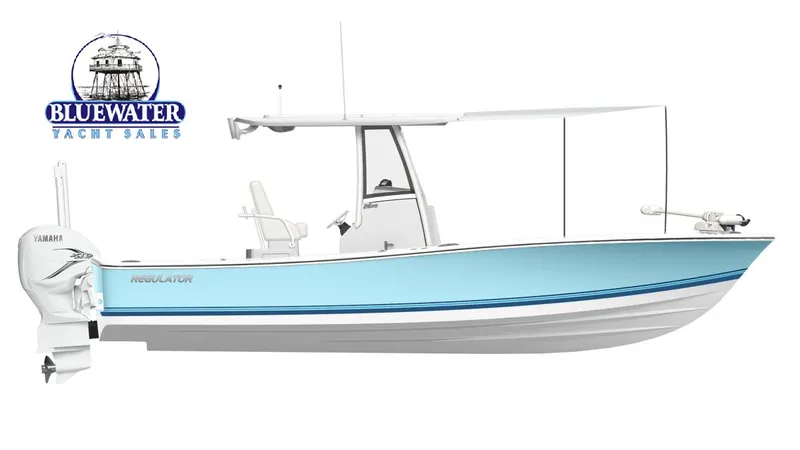 The Image of 2026 Regulator 26XO boat on trailer, light blue hull, outdoor setting. - 0