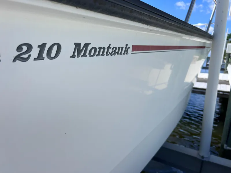Slide: The Image of 2016 Boston Whaler 210 Montauk boat side view with logo and water background. - 3