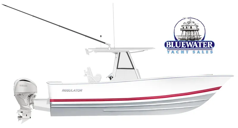 The Image of 2026 Regulator 28 boat on trailer, white with red stripe, parked outdoors. - 0