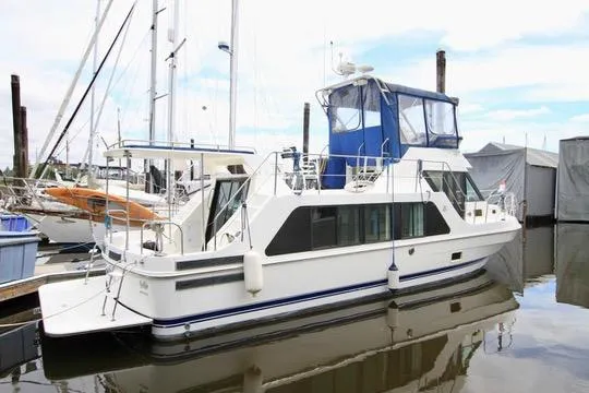 Slide: The Image of 2006 Harbor Master Coastal 400 yacht docked at marina, featuring blue canopy and sleek design. - 3