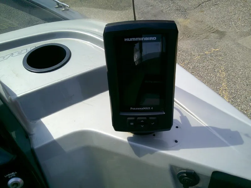 Slide: The Image of Humminbird PiranhaMAX 4 fish finder on 2017 Tracker Pro Guide V-16 SC boat console. - 8