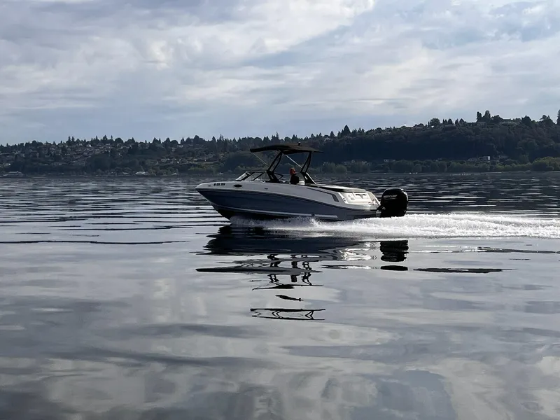 Slide: The Image of 2020 Bayliner VR6 boat cruising on a calm lake under a cloudy sky. - 18