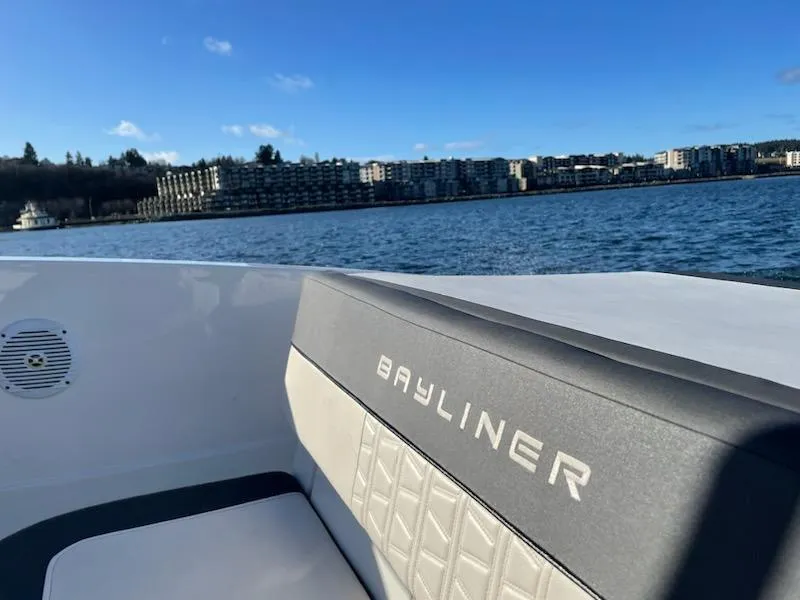 Slide: The Image of 2020 Bayliner VR6 boat on water with cityscape background. - 21