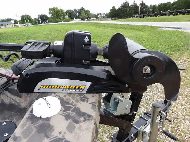 Slide: The Image of Minn Kota Terrova trolling motor on Havoc VJST-C 1756 boat, 2021 model, parked on grass. - 26