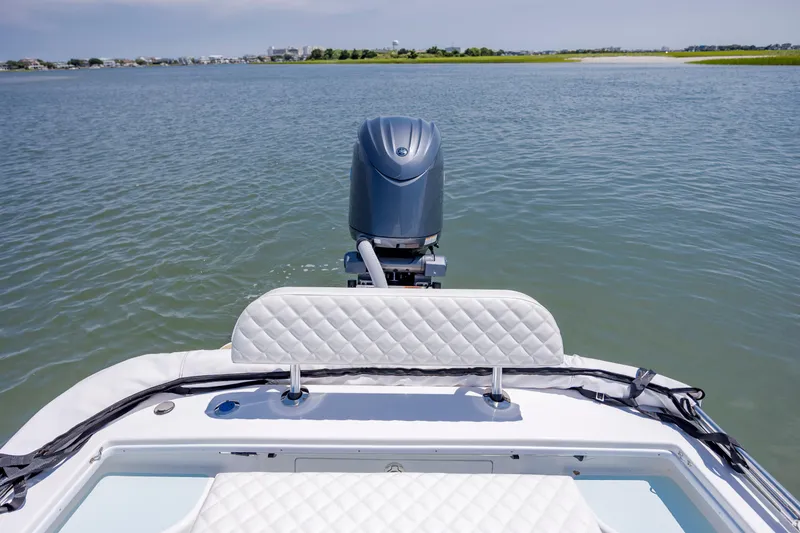 Slide: The Image of 2025 Spanish Wells 21 boat on calm water, featuring a sleek outboard motor. - 9