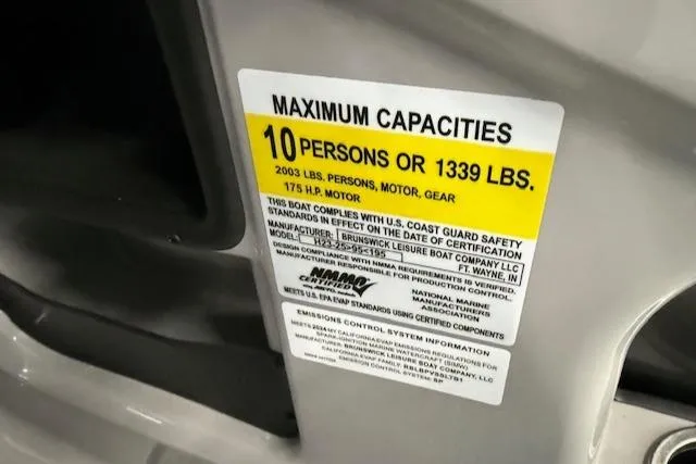 Slide: The Image of 2025 Harris Cruiser 230 capacity label, maximum 10 persons or 1339 lbs, 175 HP motor. - 8