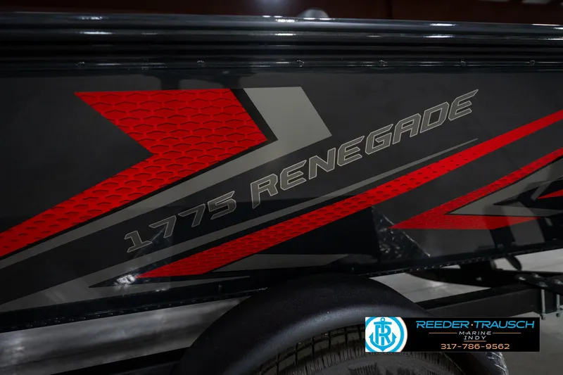 Slide: The Image of 2026 Lund 1775 Renegade boat with Mercury engine in showroom, Reeder-Trausch Marine logo visible. - 36