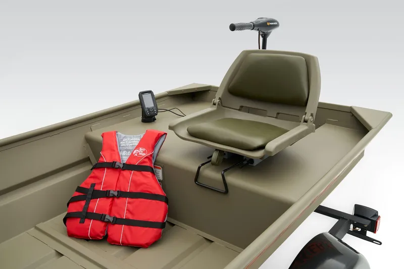 Slide: The Image of Manufacturer Provided Image: 2026 Tracker Grizzly 14 Jon boat interior with seat, life jacket, and fish finder. - 25