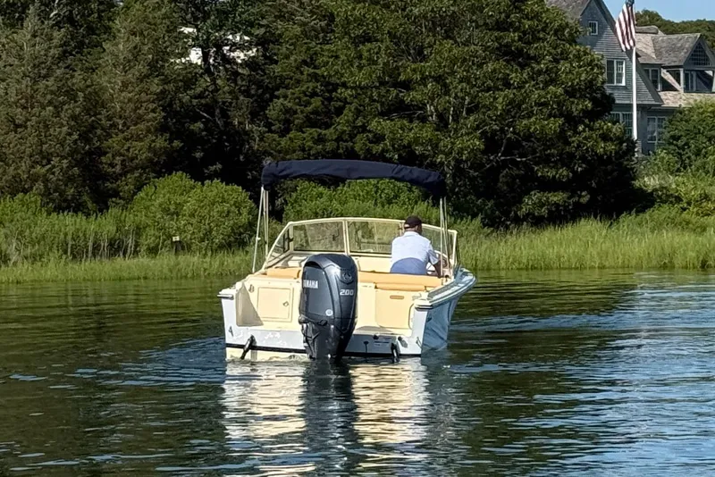 Slide: The Image of 2026 Rossiter R20 Day Boat cruising on a serene lake near a house and trees. - 9
