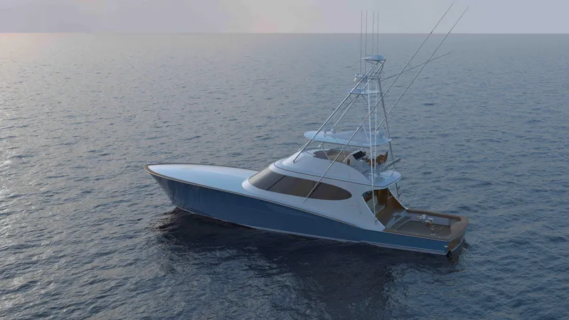 The Image of 2026 Hatteras 77 Convertible yacht cruising on open sea at sunset. - 0