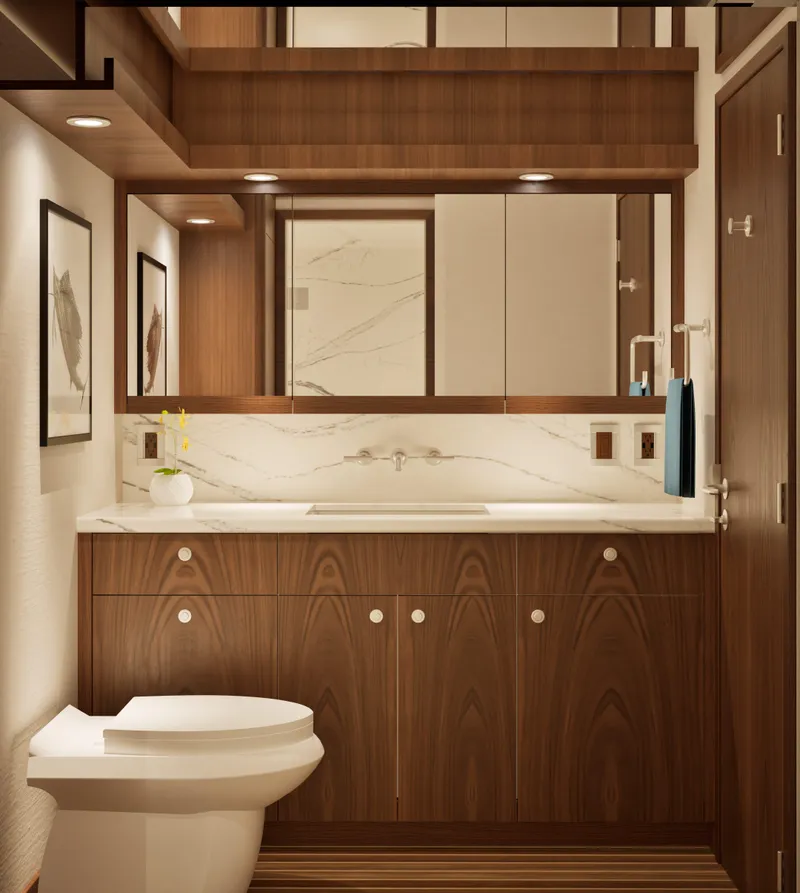 Slide: The Image of Luxurious bathroom interior of 2026 Hatteras 77 Convertible yacht with wood accents and modern fixtures. - 13