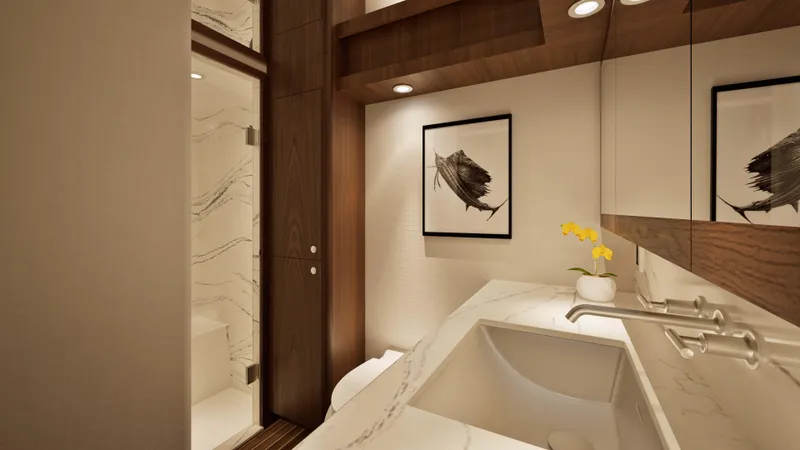 Slide: The Image of Luxurious bathroom interior of 2026 Hatteras 77 Convertible yacht with modern design elements. - 14