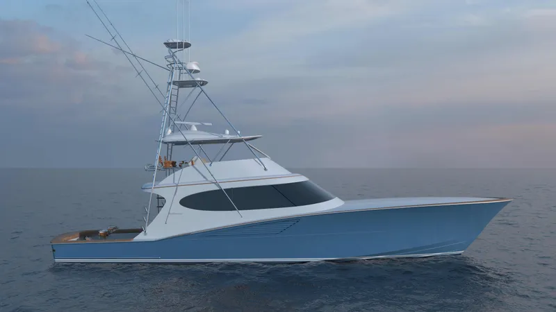 Slide: The Image of 2026 Hatteras 77 Convertible yacht on calm ocean at sunset. - 2