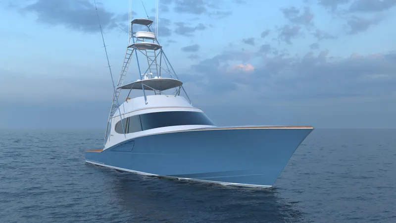 Slide: The Image of 2026 Hatteras 77 Convertible yacht on open sea under cloudy sky. - 3