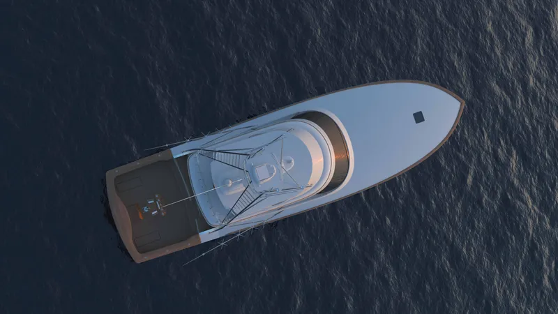 Slide: The Image of Aerial view of 2026 Hatteras 77 Convertible yacht on open water. - 4