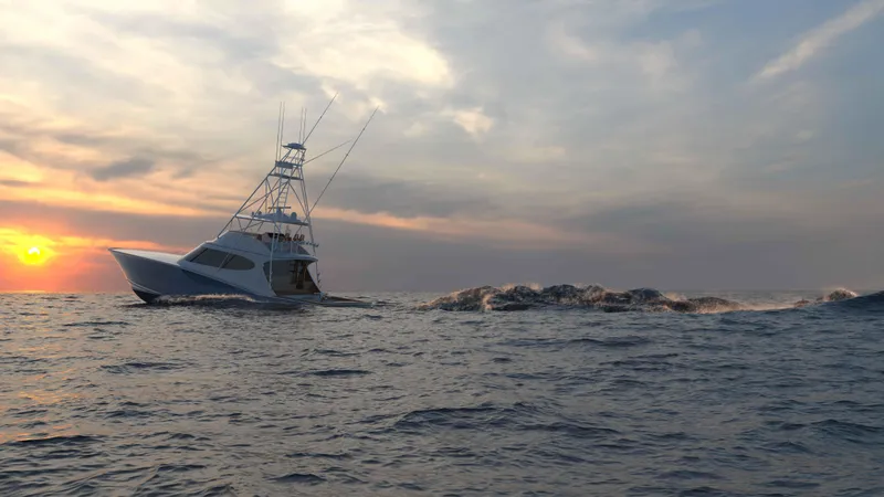 Slide: The Image of 2026 Hatteras 77 Convertible yacht cruising at sunset on open ocean. - 5