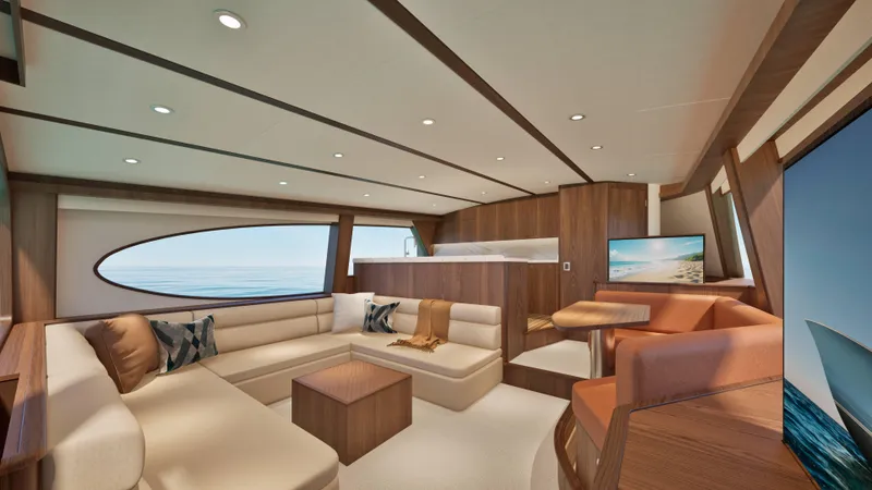 Slide: The Image of Luxurious interior of 2026 Hatteras 77 Convertible yacht with modern furnishings and ocean view. - 6