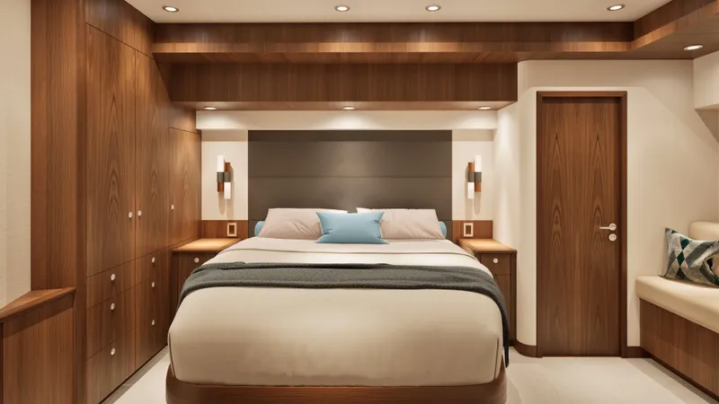 Slide: The Image of Luxurious bedroom interior of 2026 Hatteras 77 Convertible yacht with modern wood finishes. - 8