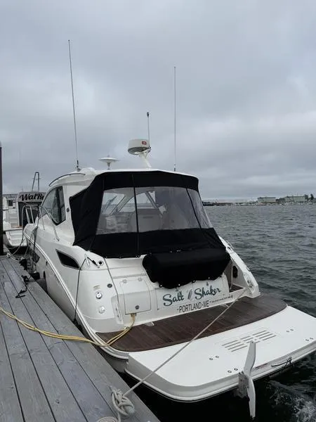 Slide: The Image of 2019 Sea Ray 350 Sundancer Coupe docked, rear view, overcast sky. - 5