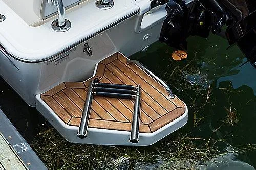 Slide: The Image of 2026 Boston Whaler 190 Montauk swim platform with ladder, docked in water. - 6