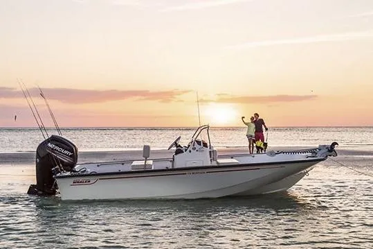 The Image of 2026 Boston Whaler 170 Montauk boat at sunset with people enjoying the view. - 2
