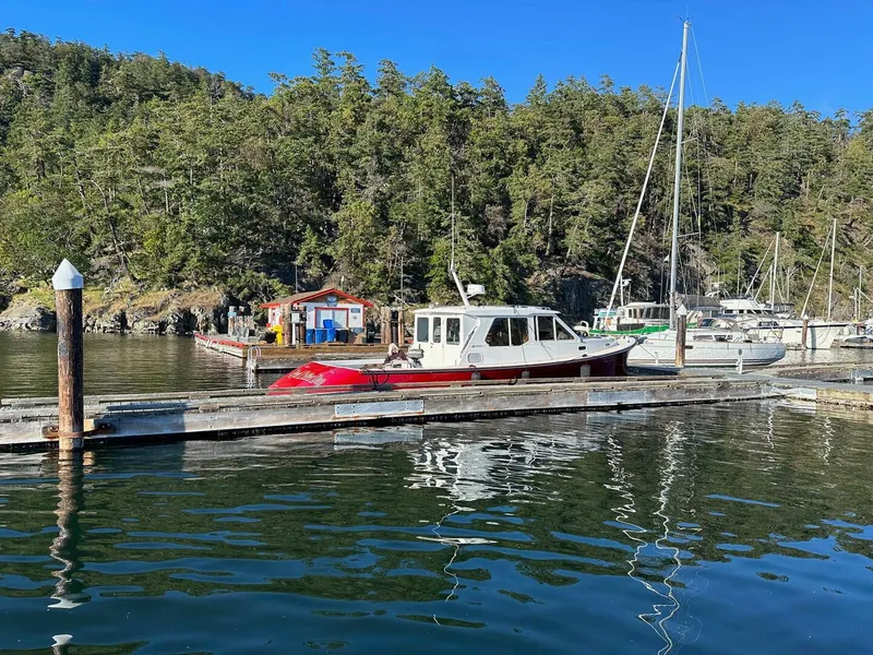 Slide: The Image of Docked True North 38 boat from 2002 at a scenic marina with lush forest backdrop. - 4