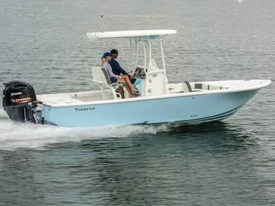 Slide: The Image of 2026 Tidewater 2300 Carolina Bay boat deck with mounted trolling motor. - 1