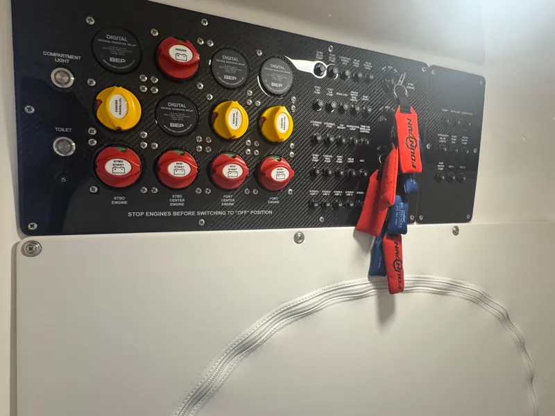 Slide: The Image of Control panel of 2023 Fountain 38 SC boat with labeled switches and keys. - 24