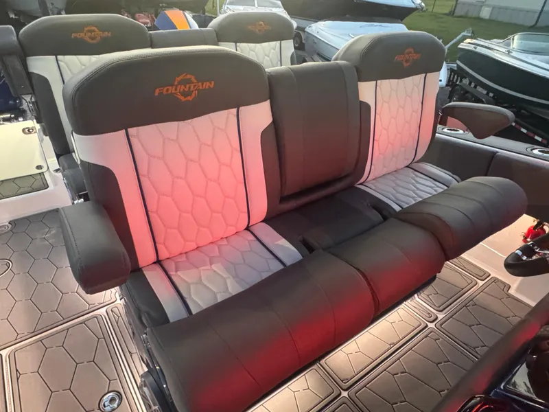 Slide: The Image of 2023 Fountain 38 SC boat seats with stylish upholstery and logo detailing. - 46