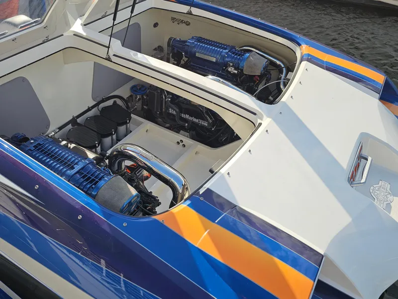 Slide: The Image of Underneath view of 2010 Daves Custom Boats M35 hull on stands. - 22