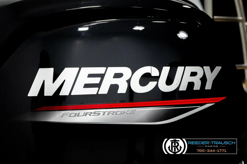 Slide: The Image of Mercury FourStroke engine on a 2023 Lowe 210 SSTL boat, Reeder-Trausch Marine branding. - 45