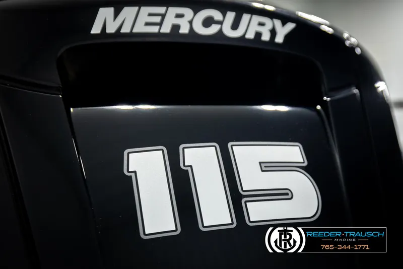 Slide: The Image of Mercury 115 outboard motor on 2023 Lowe 210 SSTL boat, Reeder-Trausch Marine logo visible. - 46