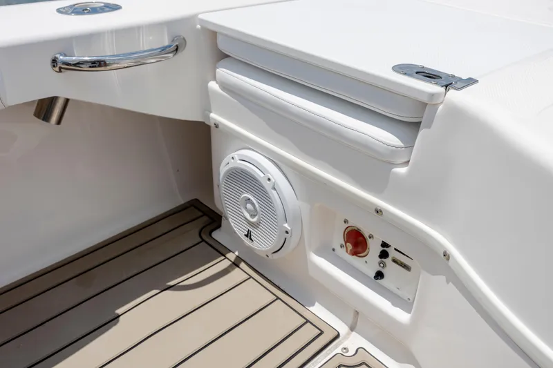 Slide: The Image of Interior of 2015 Everglades 243 Center Console boat with speaker and control panel. - 21