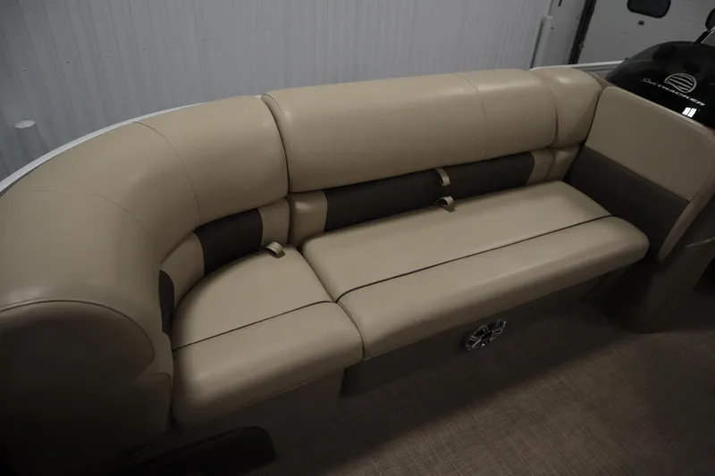 Slide: The Image of 2023 Tracker 20 DLX PARTY BARGE interior seating, beige upholstery, spacious and comfortable design. - 17