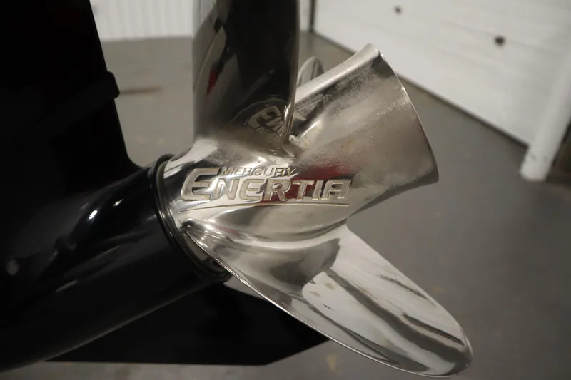 Slide: The Image of Close-up of Mercury Enertia propeller on 2023 Tracker 20 DLX PARTY BARGE. - 46