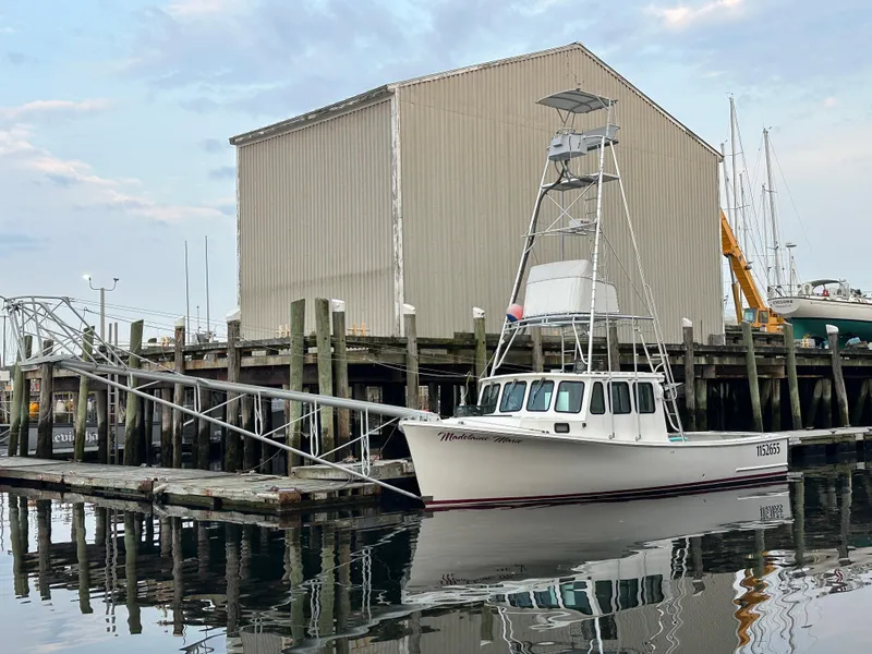 Slide: The Image of 2003 BHM Sport Fish boat docked at a marina with a large building in the background. - 3
