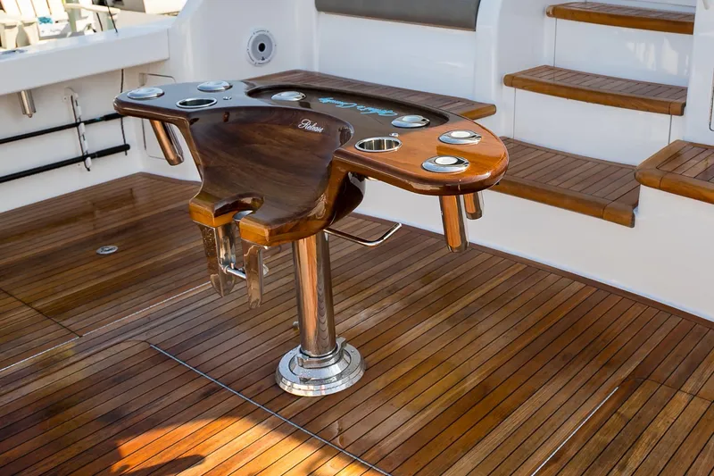 Slide: The Image of 2022 Viking 54 Sport Coupe interior with seating and screen, overlooking the ocean. - 22