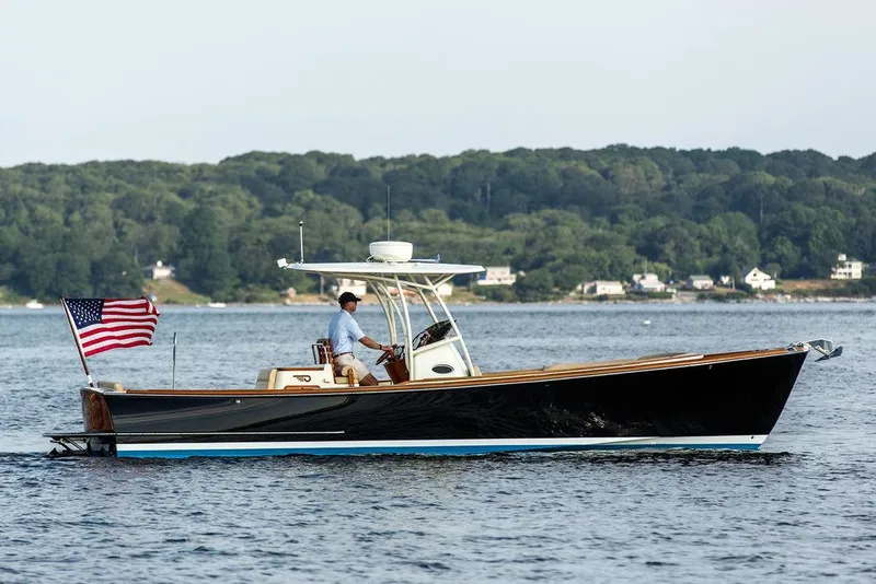Slide: The Image of 2014 Hinckley T29 CC boat cruising on water with American flag, scenic shoreline background. - 14