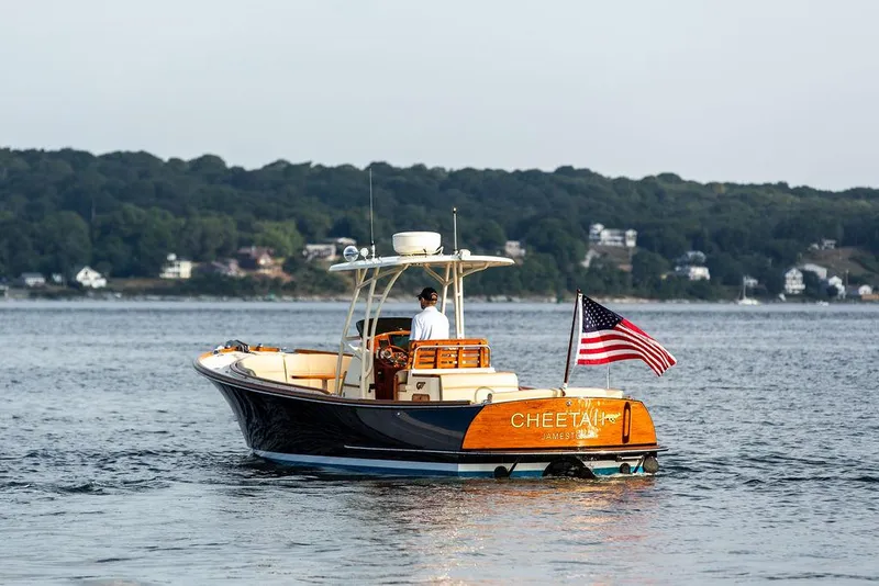 Slide: The Image of 2014 Hinckley T29 CC boat on water with American flag, scenic shoreline background. - 2