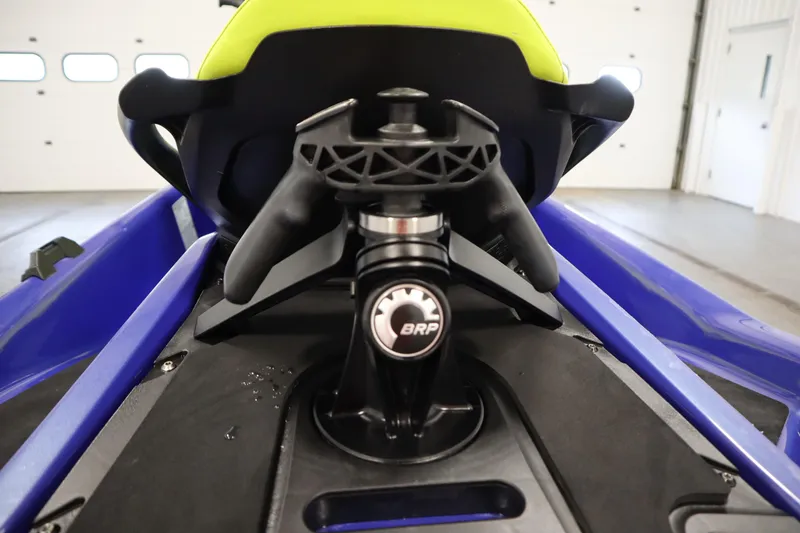 Slide: The Image of 2020 Sea-Doo Wake 170 SS jet ski interior with BRP logo, blue and yellow seat. - 22